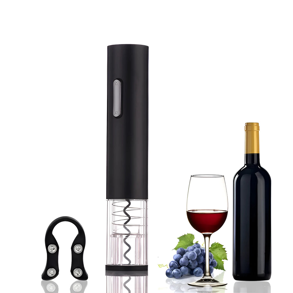 Electric wine bottle opener with automatic corkscrew and foil cutter in black, red or white colours