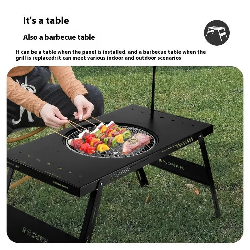 Foldable steel camping barbecue table with integrated light pole in black