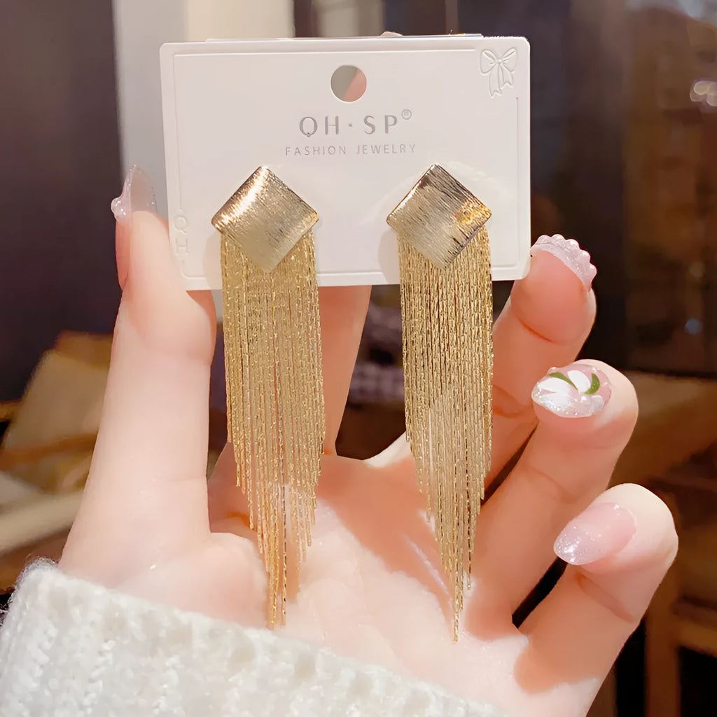 Geometric metal diamond tassel earrings for women, copper with electroplated gold colour finish