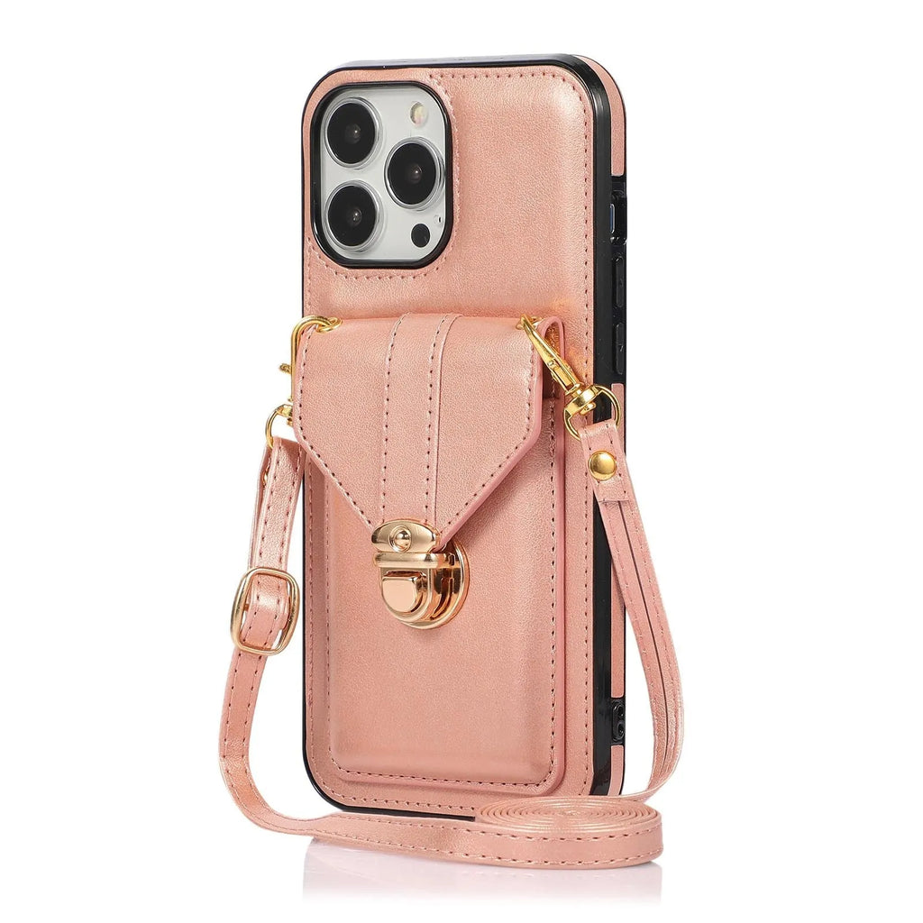 Black PU card holder phone case with cross-body lanyard for Samsung S20