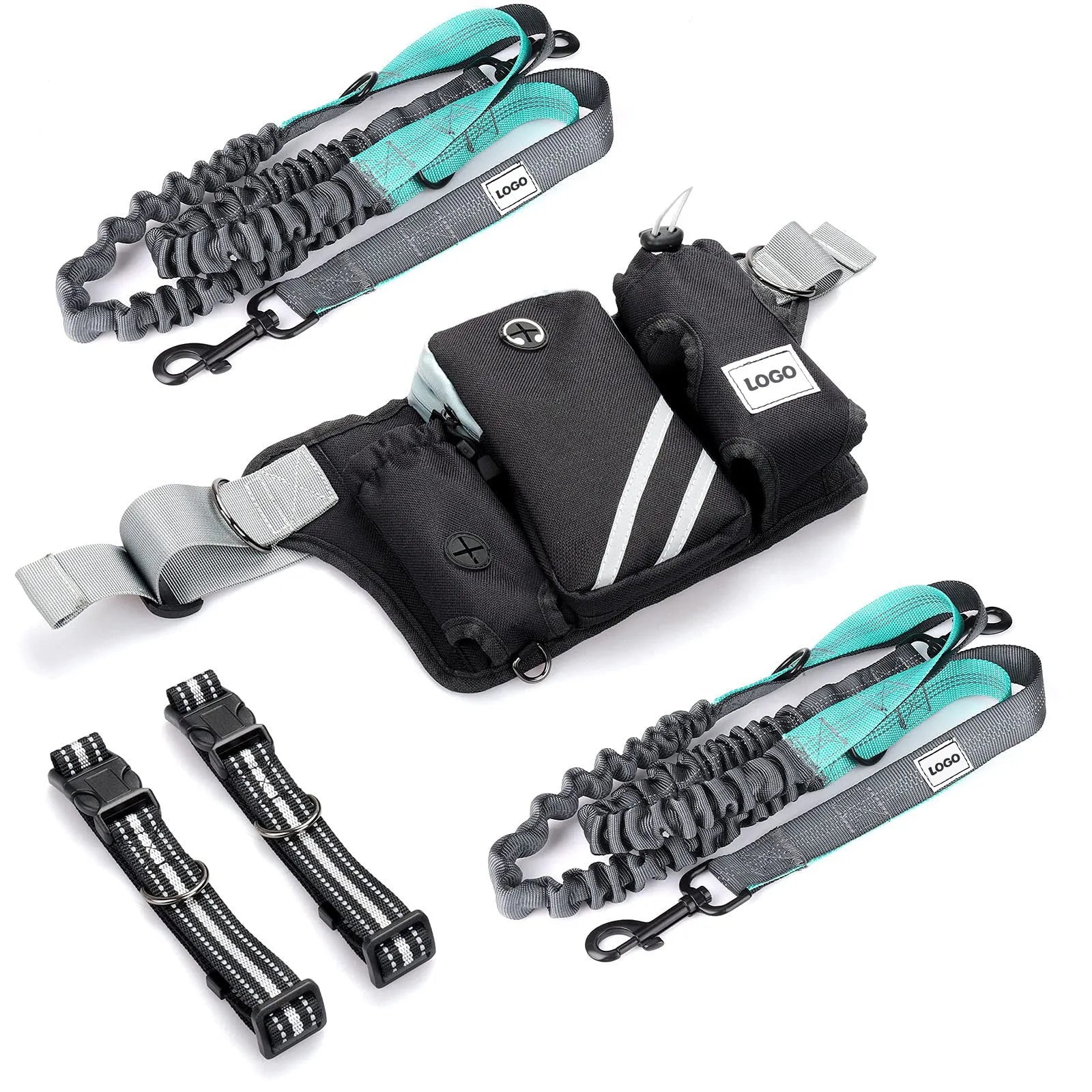 Black nylon outdoor dog walking set showing a waist bag, attached leash, and matching dog collar.