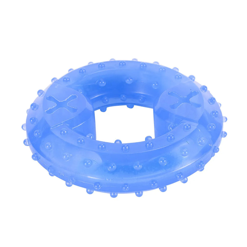 Freezable dog cooling chew toy in Bone and Circle shapes on a blue background.