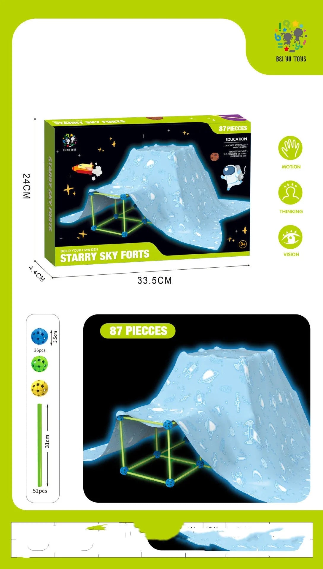Luminous plastic fort building kit for kids with connecting sticks, balls, and storage bag.