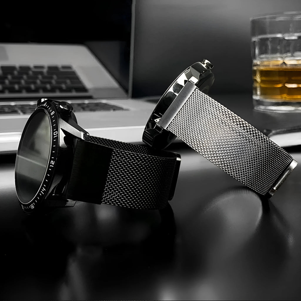 Stainless steel metal replacement strap for Garmin Fenix smartwatch in silver, black, gold, and rose gold.