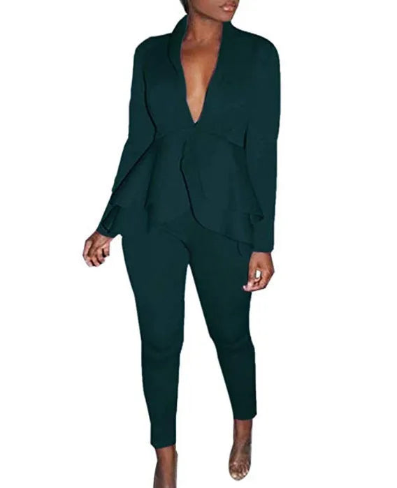Women's white ruffled business shirt and black pencil pants from a formal two-piece uniform set.