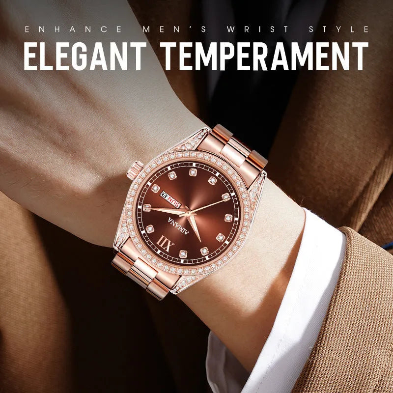 Log Series diamond disc quartz women's watch with steel strip strap, 10mm case, silver or rose shell finish