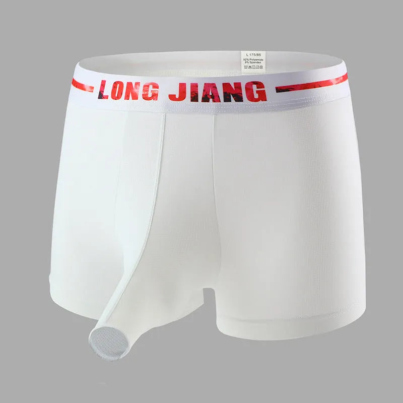 Men's ice silk trunk open boxer shorts on a solid background, showing mid-waist fit.