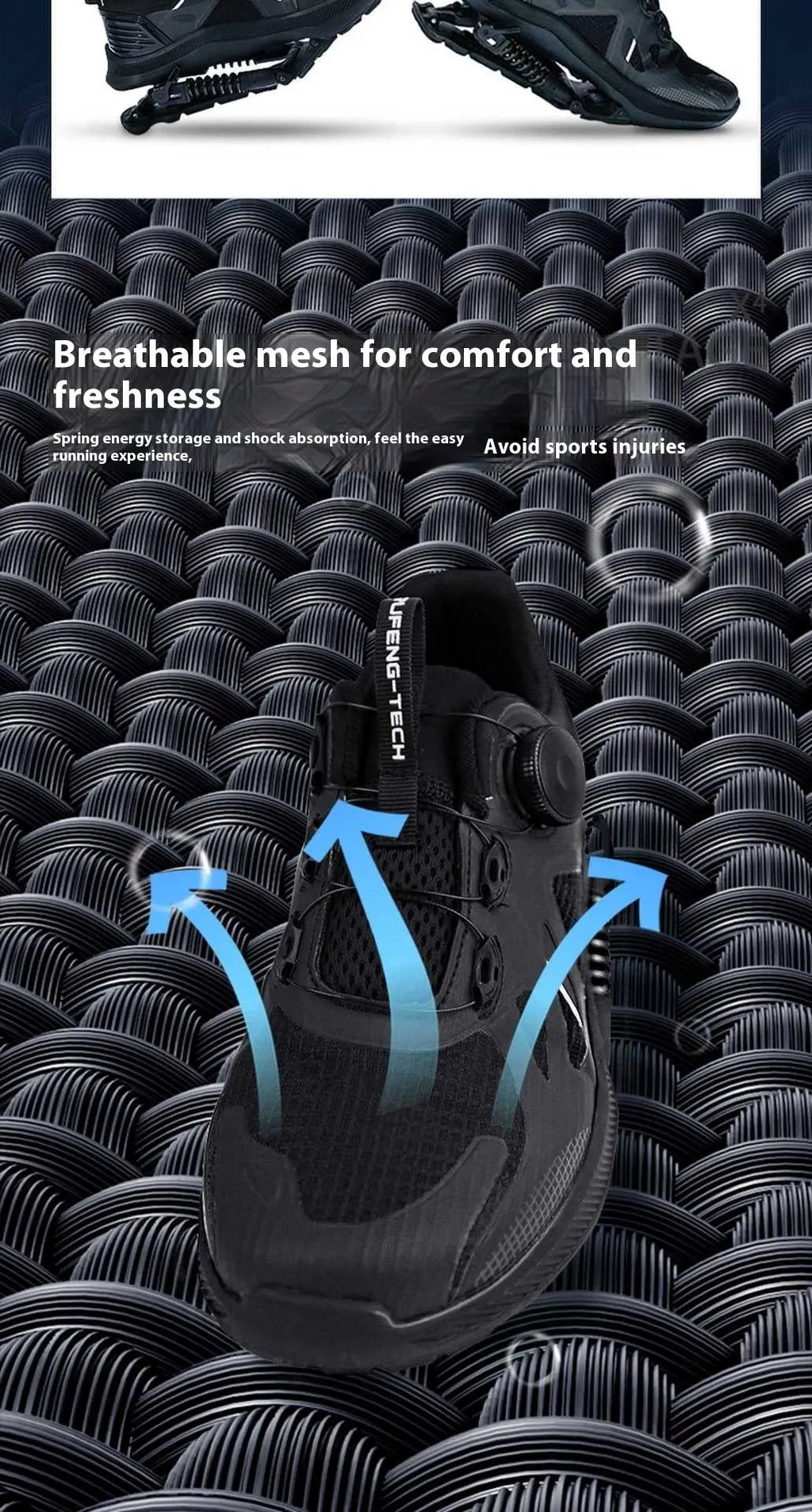 Black running shoes with mesh upper, leather stitching details, and buckle fastening