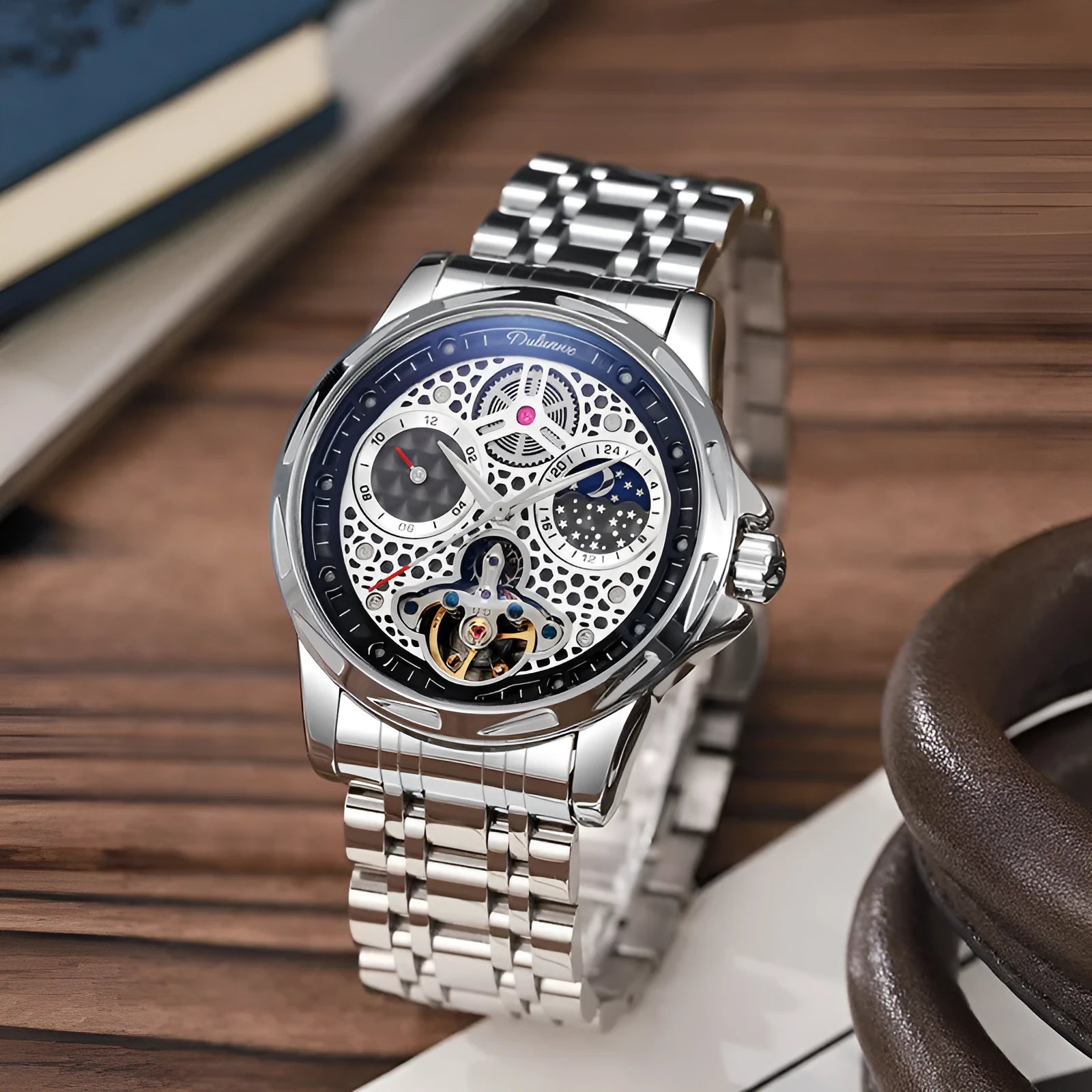 Men's automatic waterproof luminous watch with steel case and choice of leather or metal strap.