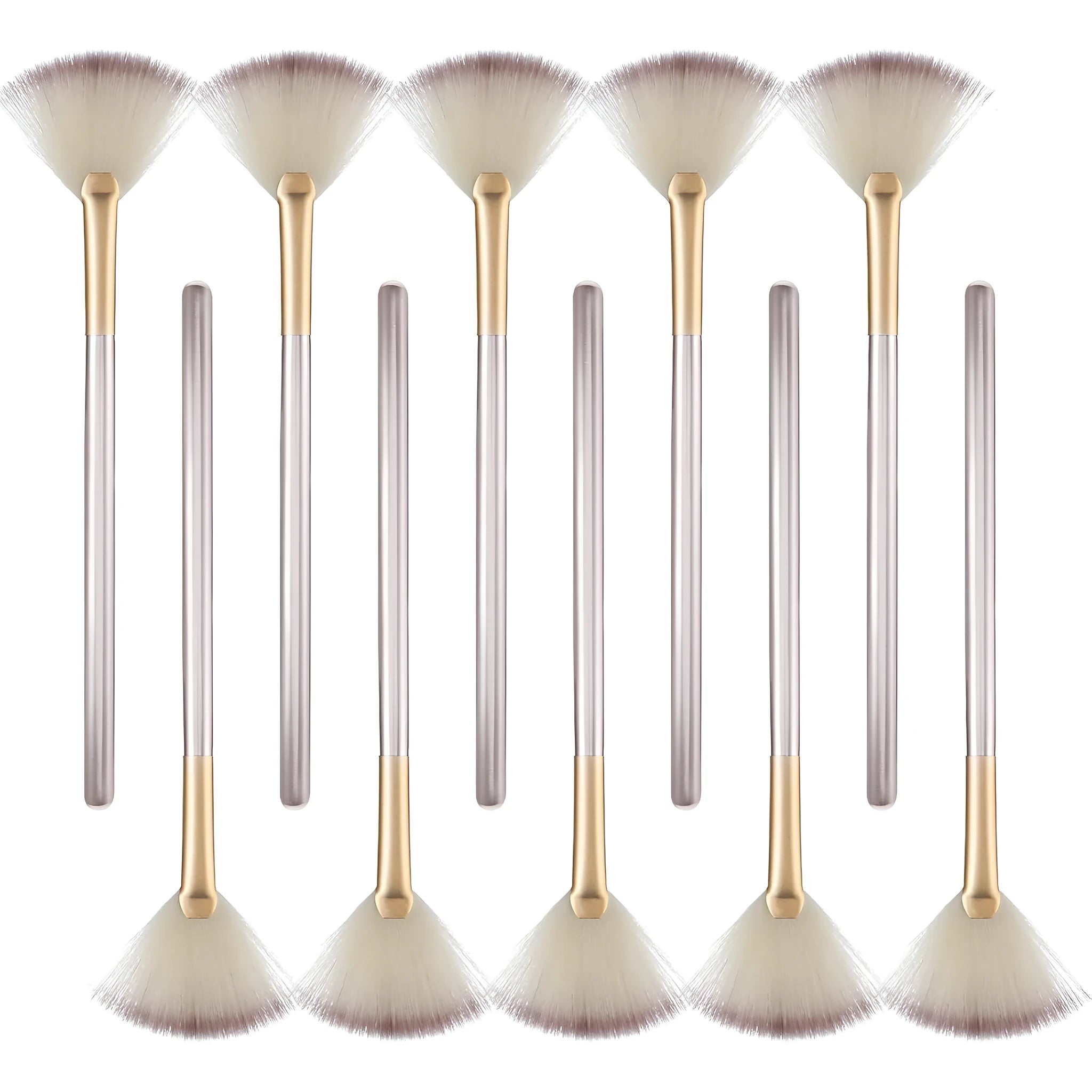 Set of 10 champagne-coloured facial fan brushes with wooden handles on a white background.
