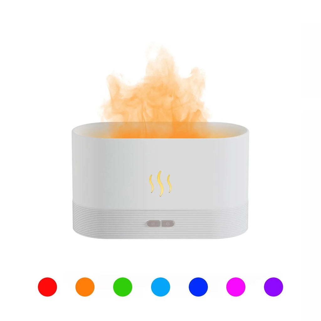 USB ultrasonic flame humidifier with RGB colour changing night light, 180ml tank, black and white options
