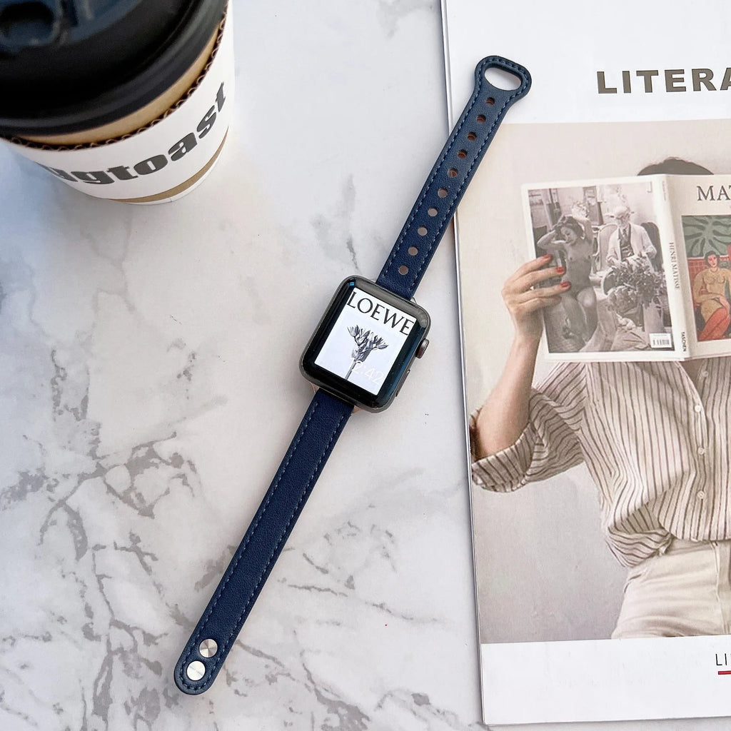 Double nail leather watch strap for Apple Watch 38mm to 45mm in black