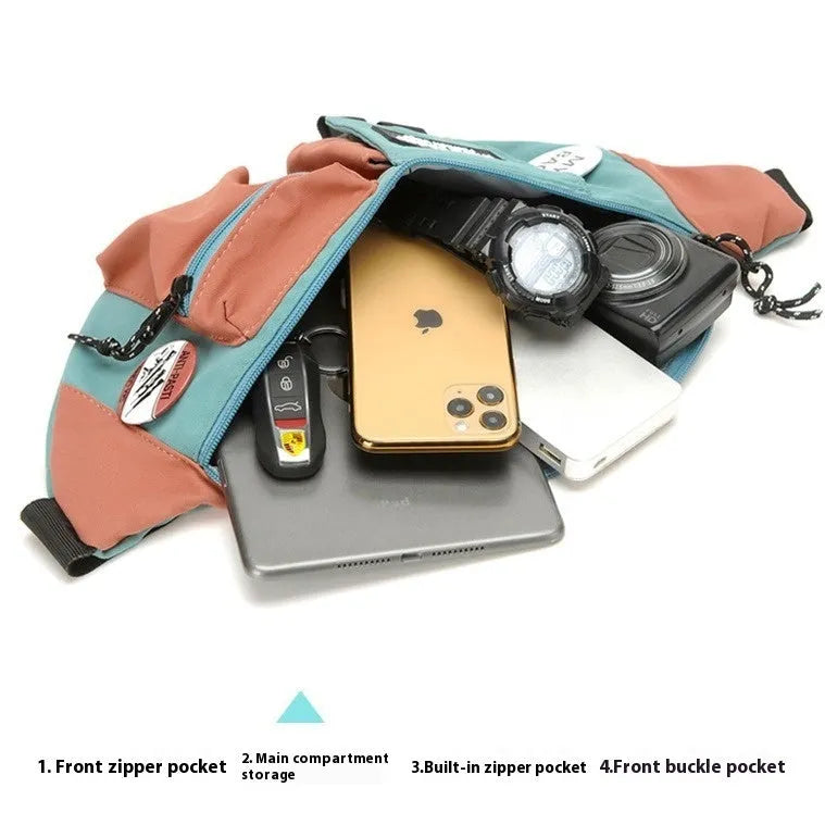 Men's casual crossbody sports canvas waist bag in orange with green lanyard, featuring wear-resistant material and burden-reducing design
