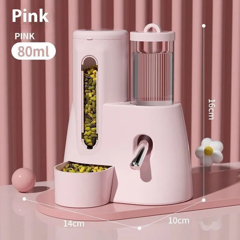 Pink automatic hamster water bottle and food basin set for cage mounting