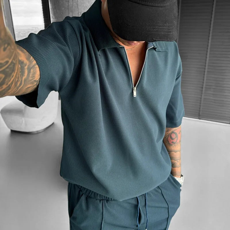 Men's casual suit set with a zipper polo top and drawstring shorts in cotton blend, available in multiple colours and Asian sizing