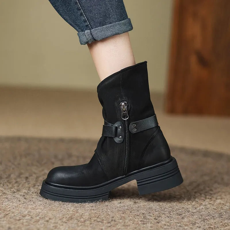 Brown retro British style ankle boots with platform heel and buckle detail for women