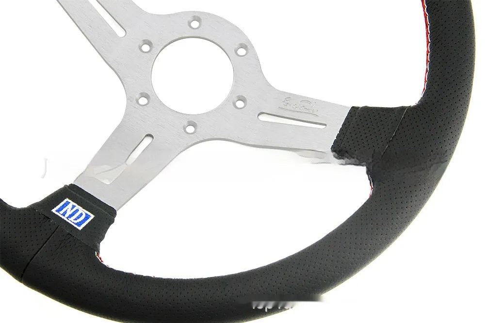 Leather 14-inch middle concave car steering wheel with hand stitching, showing black skeleton option