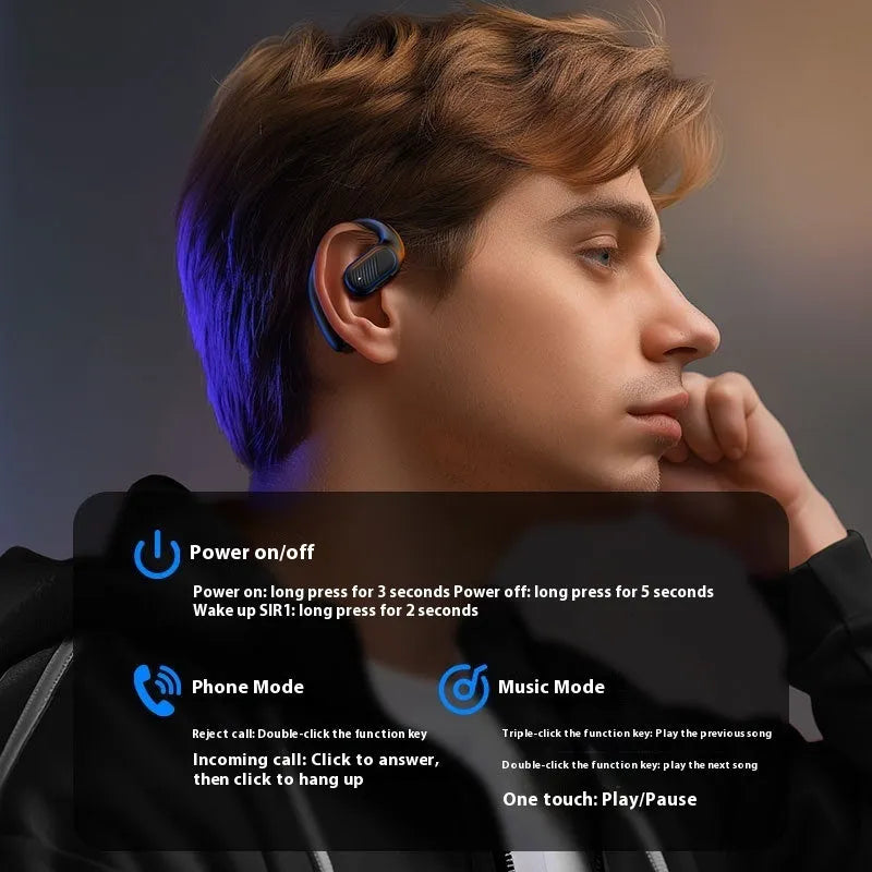 Unilateral ear-mounted Bluetooth headset in black or ivory white with dual speakers and Smart Touch.