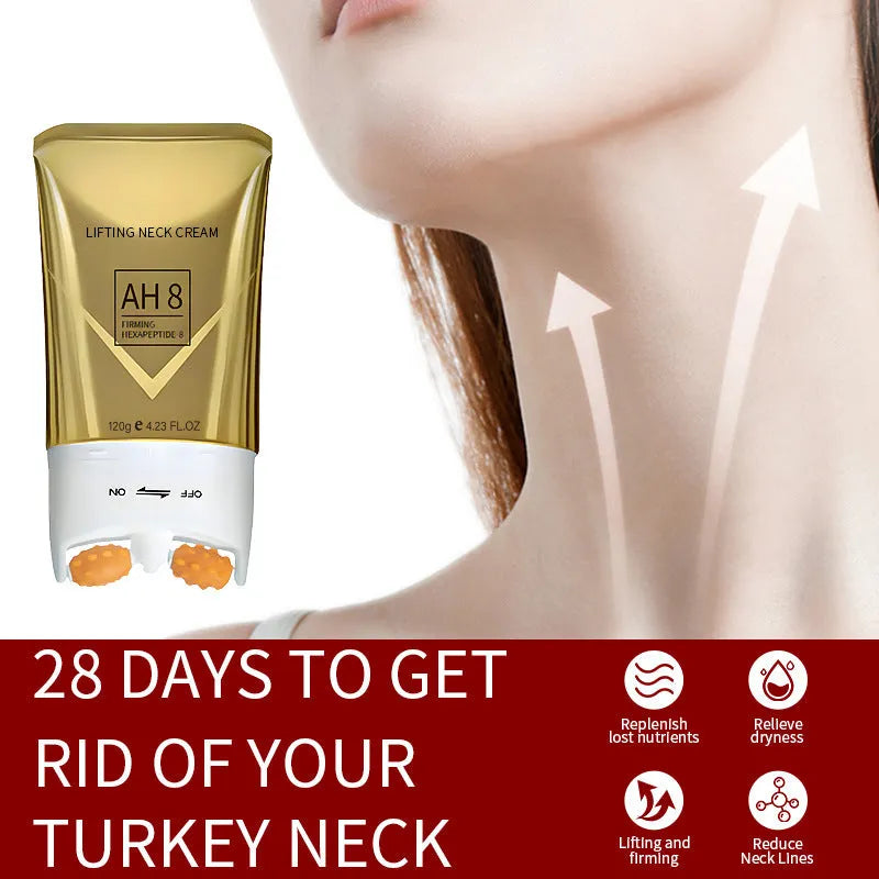 Container of roller neck cream with built-in massage ball applicator.