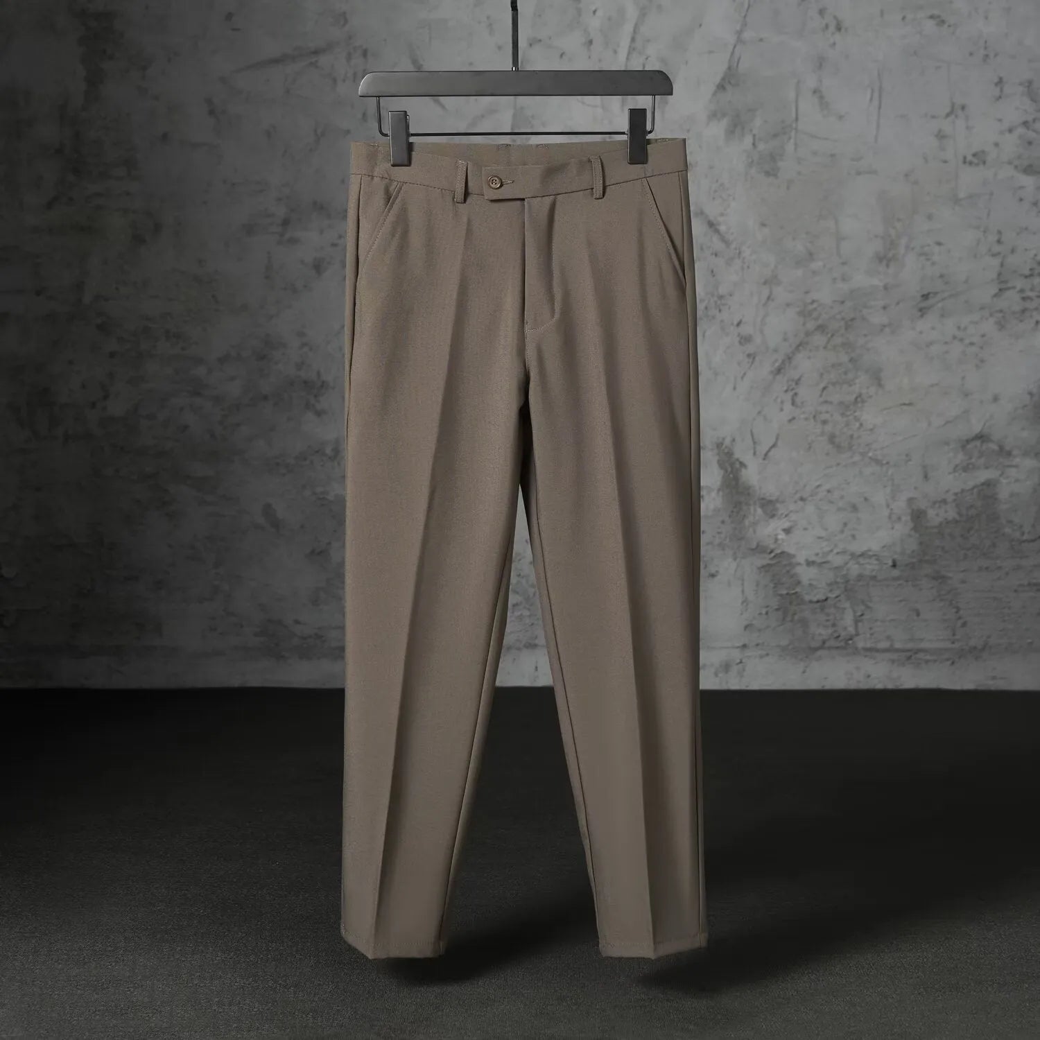 Men's straight loose fit brushed polyester trousers in khaki, side view, size 32