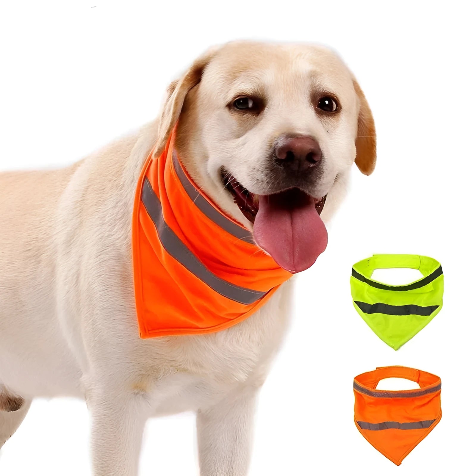 Yellow and orange reflective dog bandana with adhesive strap, shown in small, medium, and large sizes.