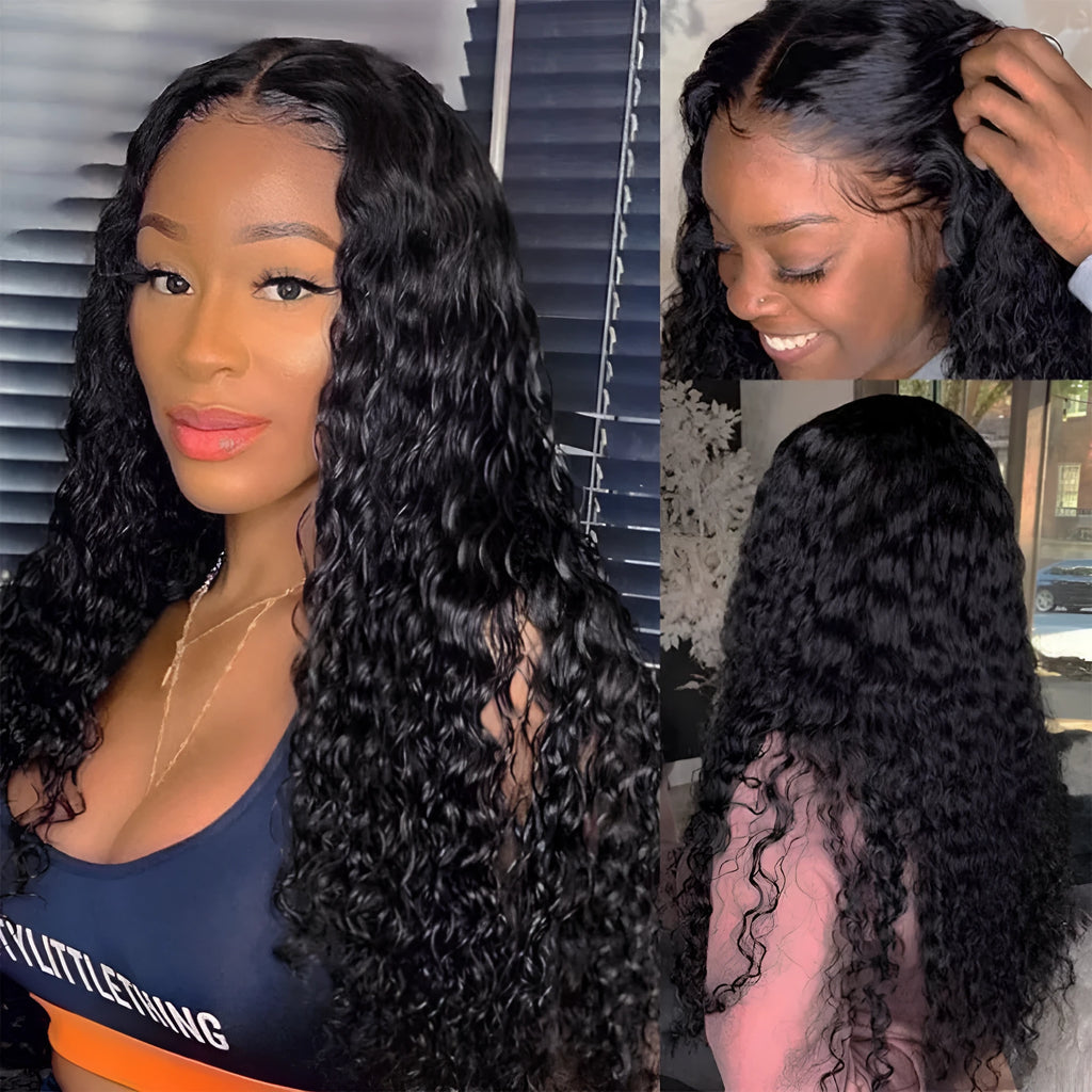 Curly human hair lace front wig shown in a natural shade, demonstrating its length and volume.