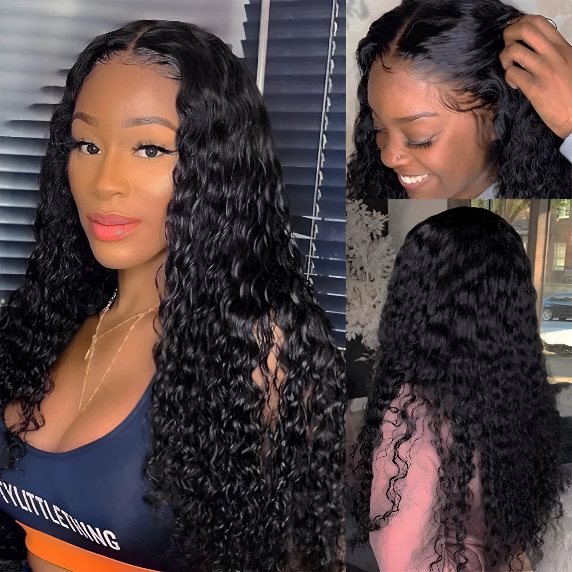 Curly human hair lace front wig shown in a natural shade, demonstrating its length and volume.
