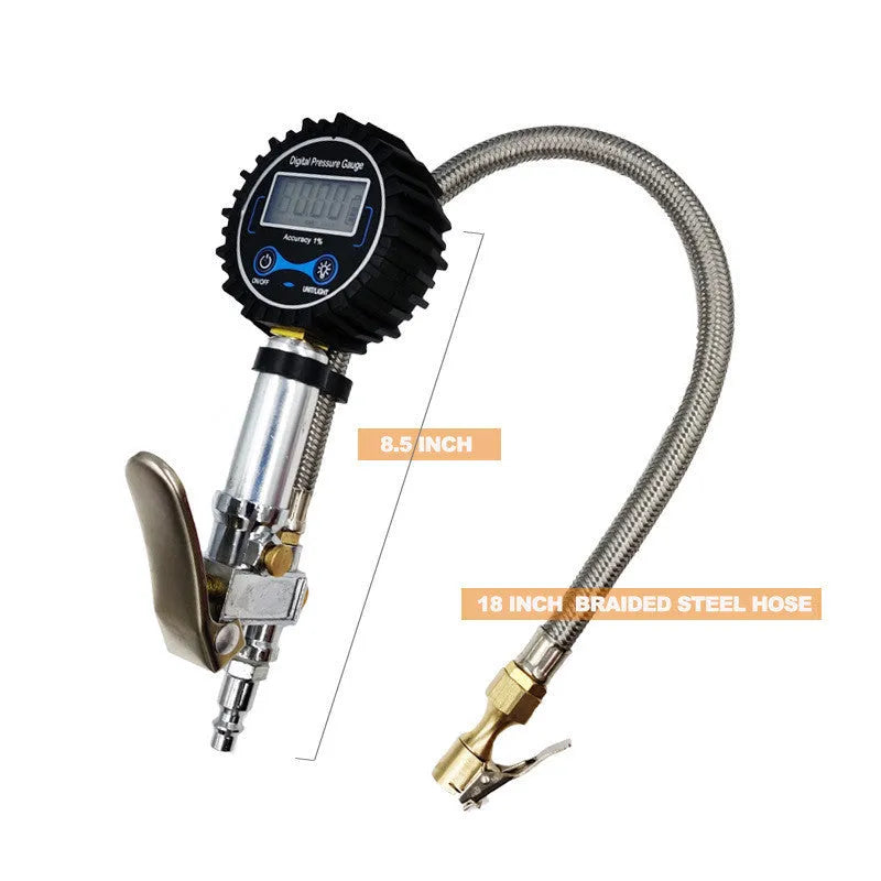 Digital tyre pressure gauge with metal braided hose, backlit display, black and silver colour
