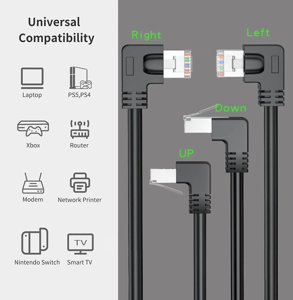 Coloured Cat6 Ethernet cable with a right-angled metal RJ45 connector plug in a choice of four orientations.