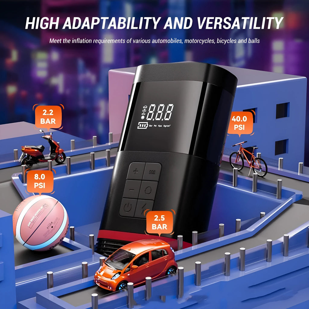 Black wireless car jump starter power bank measuring 19.5cm with LED lights and USB charging