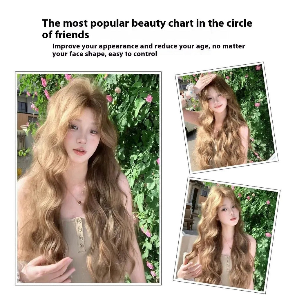 Medium long curly brown wig in linen colour made from high-temperature synthetic fibre