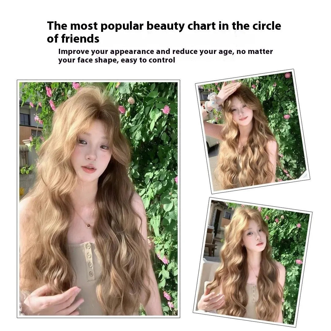 Medium long curly brown wig in linen colour made from high-temperature synthetic fibre