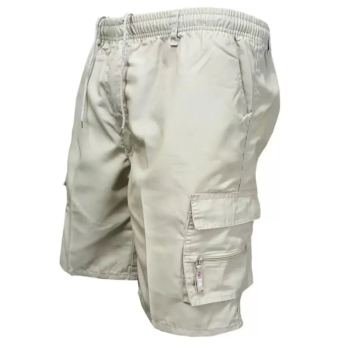 Men's loose-fit casual trousers in polyester fabric with elastic waist, shown in camouflage green colour.