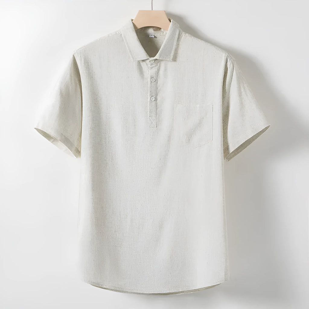 Men's linen blend T-shirt with loose lapel neckline in short sleeve solid colour design