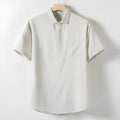 Men's linen blend T-shirt with loose lapel neckline in short sleeve solid colour design