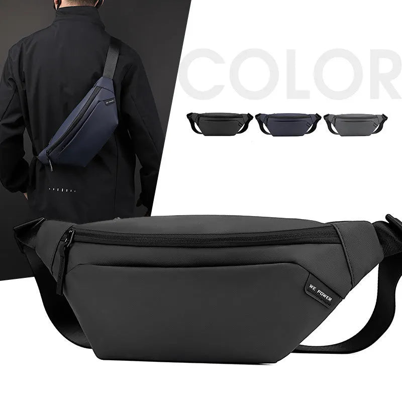 Outdoor casual sports crossbody bag in black nylon with stitching details, worn across chest