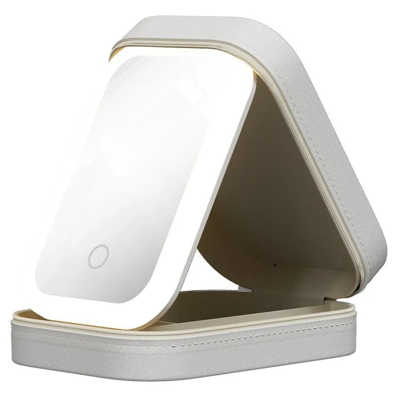 Portable makeup storage box with LED light mirror showing adjustable stand and storage compartment