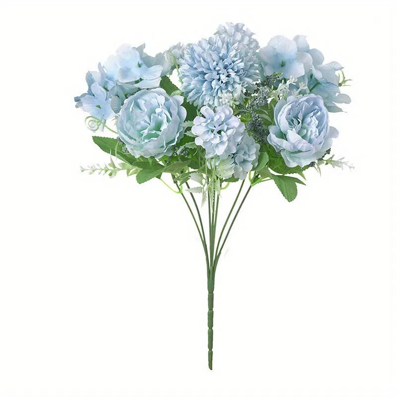 Artificial silk and plastic hydrangea flower combination in blue, white, and pink, with green plastic leaves, shown as a set of four stems