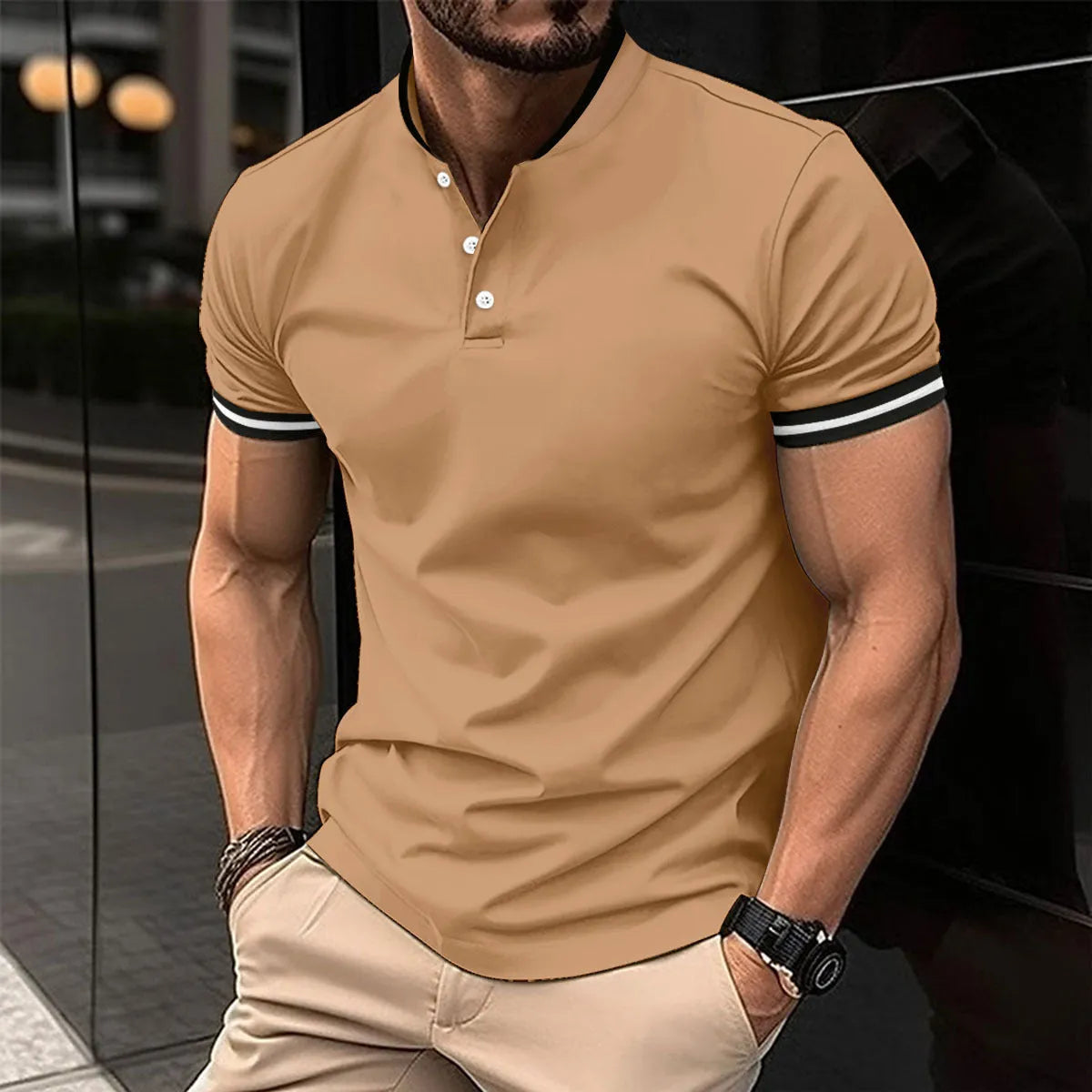 Men's slim-fit short-sleeved polyester t-shirt with button pocket in khaki, front view