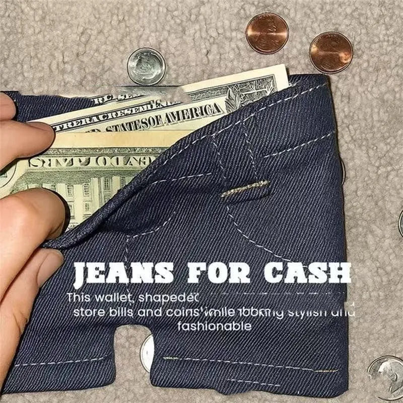Foldable jeans shape coin purse in fabric material with American style design, jeans colour finish