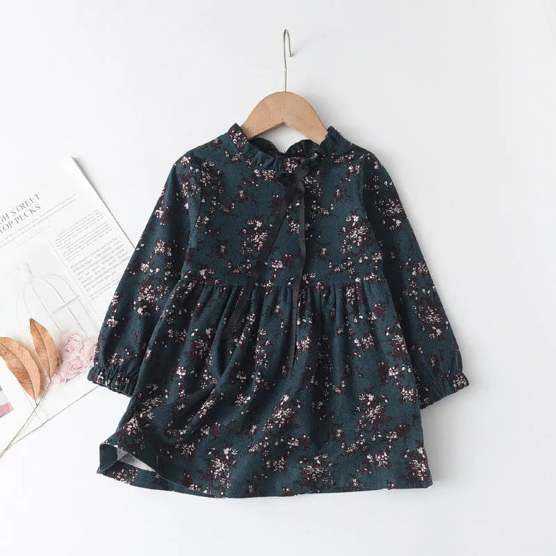 Girls' floral cotton long sleeve princess dress with ribbon bowknot in pink, gray, green or gold, sizes 90cm to 150cm.