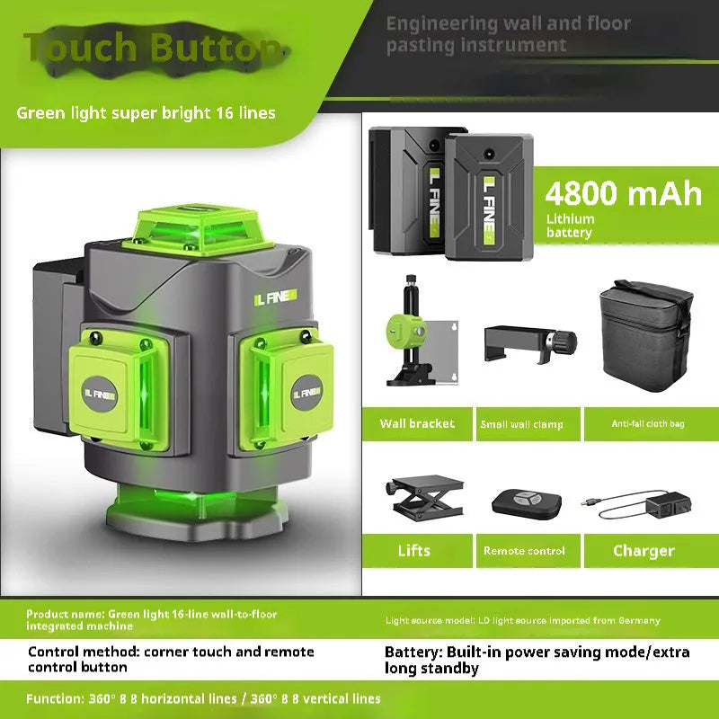 Green laser level projecting 16-line 3D cross pattern on walls and ceiling