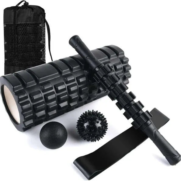 Black 33cm foam massage roller with six adjustable gear pieces for muscle recovery