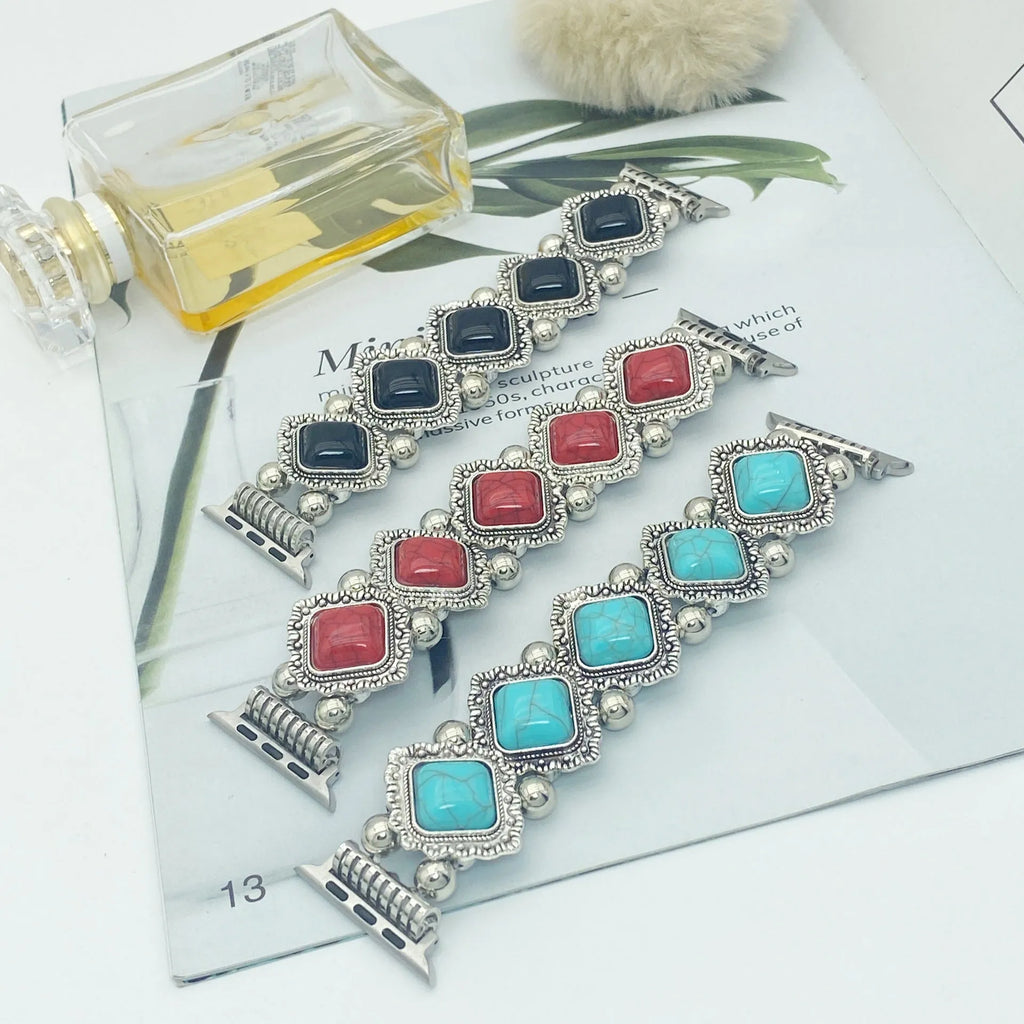 Bohemian turquoise smart watch strap on a black background showing 15cm length with three colour options black blue red