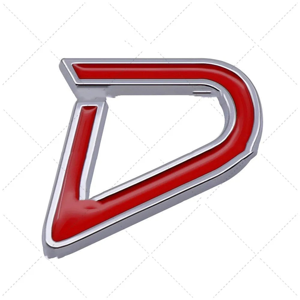 Red and silver metal car bumper sticker with SD design for vehicle personalisation.
