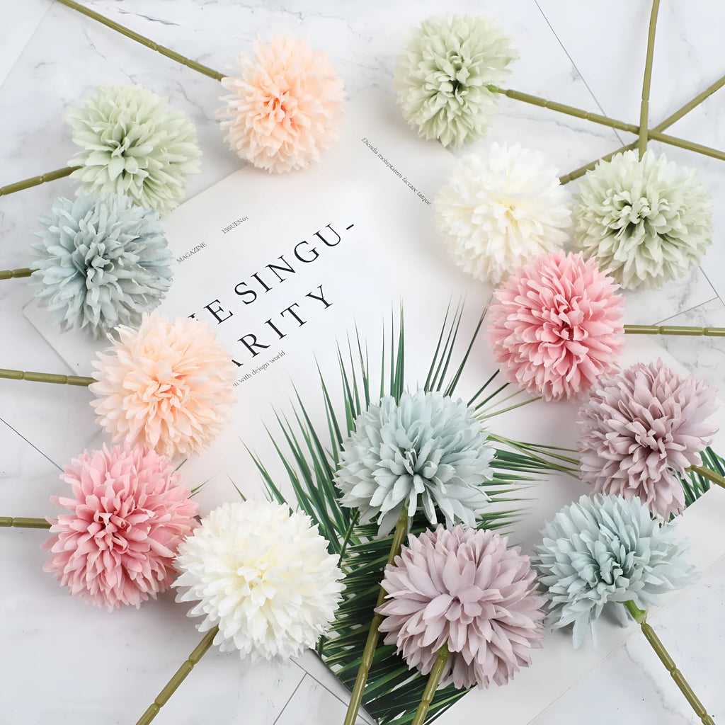30cm silk artificial dandelion flowers in green, white, purple, blue, champagne, dark pink