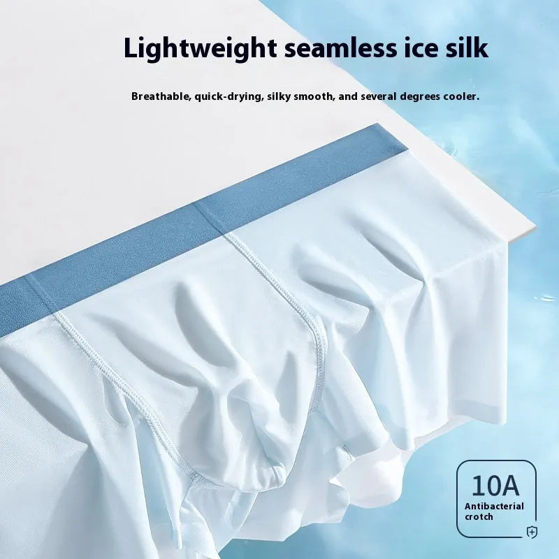 Men's ice silk antibacterial shorts in light blue showing seamless mid waist design