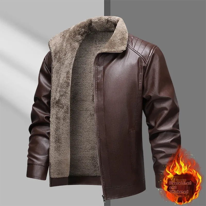 Fleece-lined thickened PU leather men's jacket in black, available in sizes M to 3XL