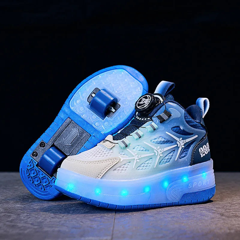 Children's flash knob roller skates in blue colour showing striped pattern and rotating button for height adjustment