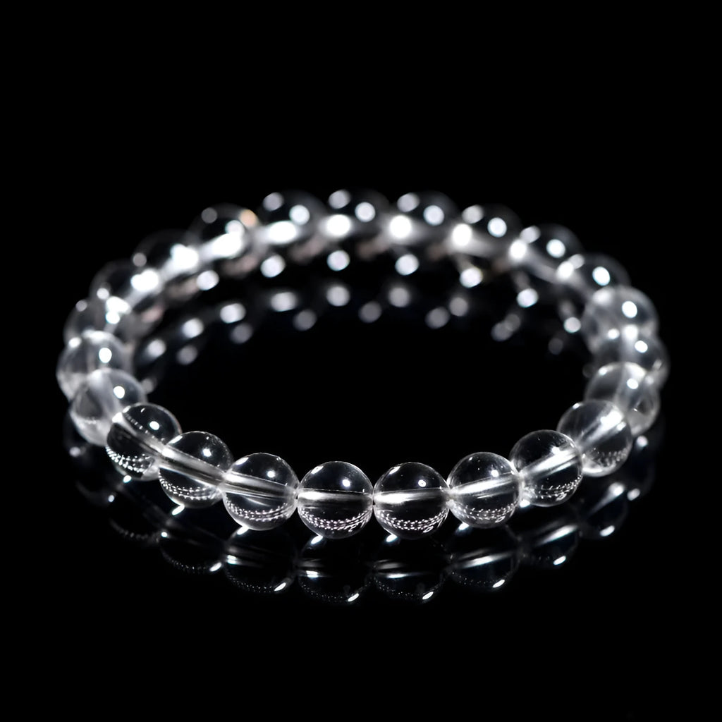 Natural Donghai old materials white water round bead crystal bracelet in old mine white on a wrist.